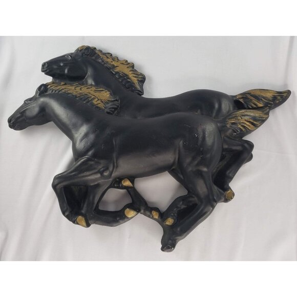 Vintage Chalkware Running Black Gold Horses Western Wall Hanging MCM - Picture 1 of 8